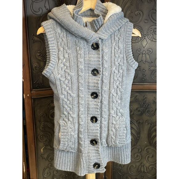 Ci Sono Gray Hooded Sherpa‎ Lined Knit Sweater Vest Zip and Button Women's L - Picture 1 of 5